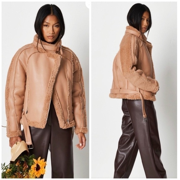 Missguided Premium Brown Tan Borg Teddy Faux Leather Belted Aviator Jacket 14 XL - Picture 2 of 5